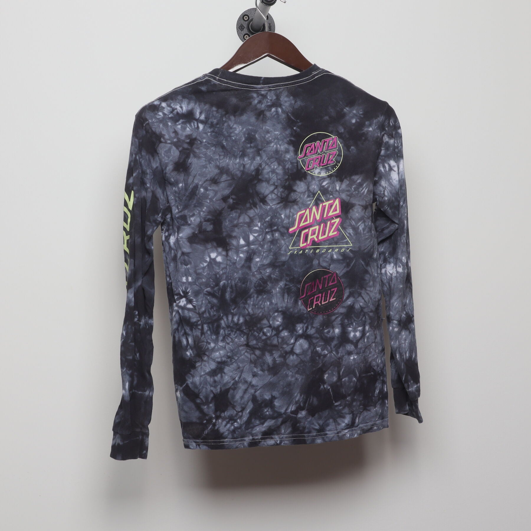 Back view of Vintage Y2K Santa Cruz Skateboards "Multi-Logo Tie-Dye" T-Shirt - XS