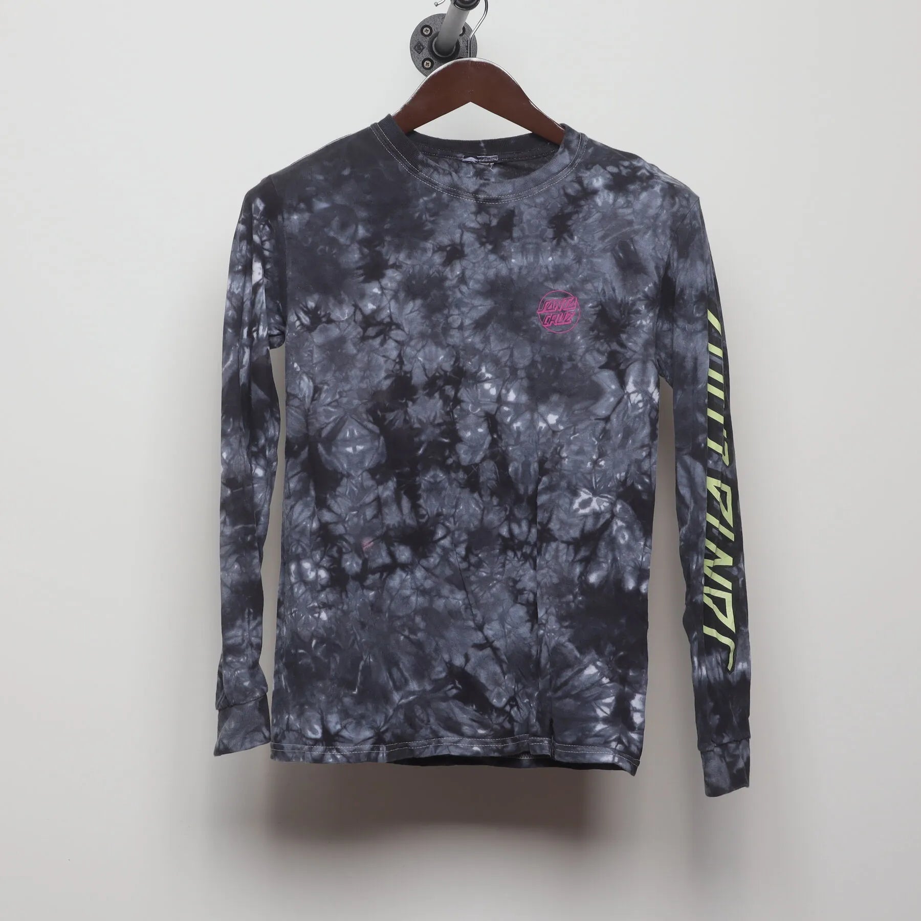 Front view of Vintage Y2K Santa Cruz Skateboards "Multi-Logo Tie-Dye" T-Shirt - XS