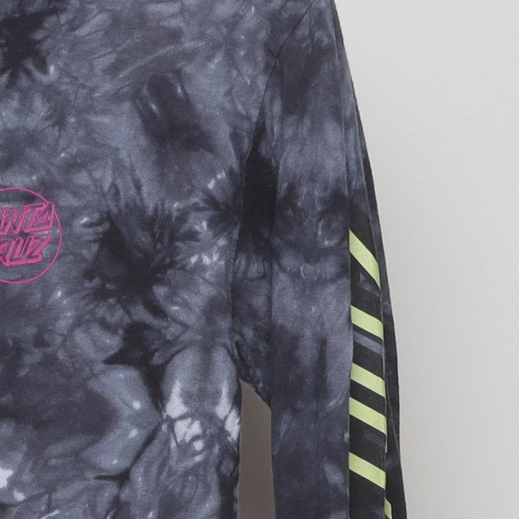 Close-up of the Right sleeve on the Vintage Y2K Santa Cruz Skateboards "Multi-Logo Tie-Dye" T-Shirt - XS