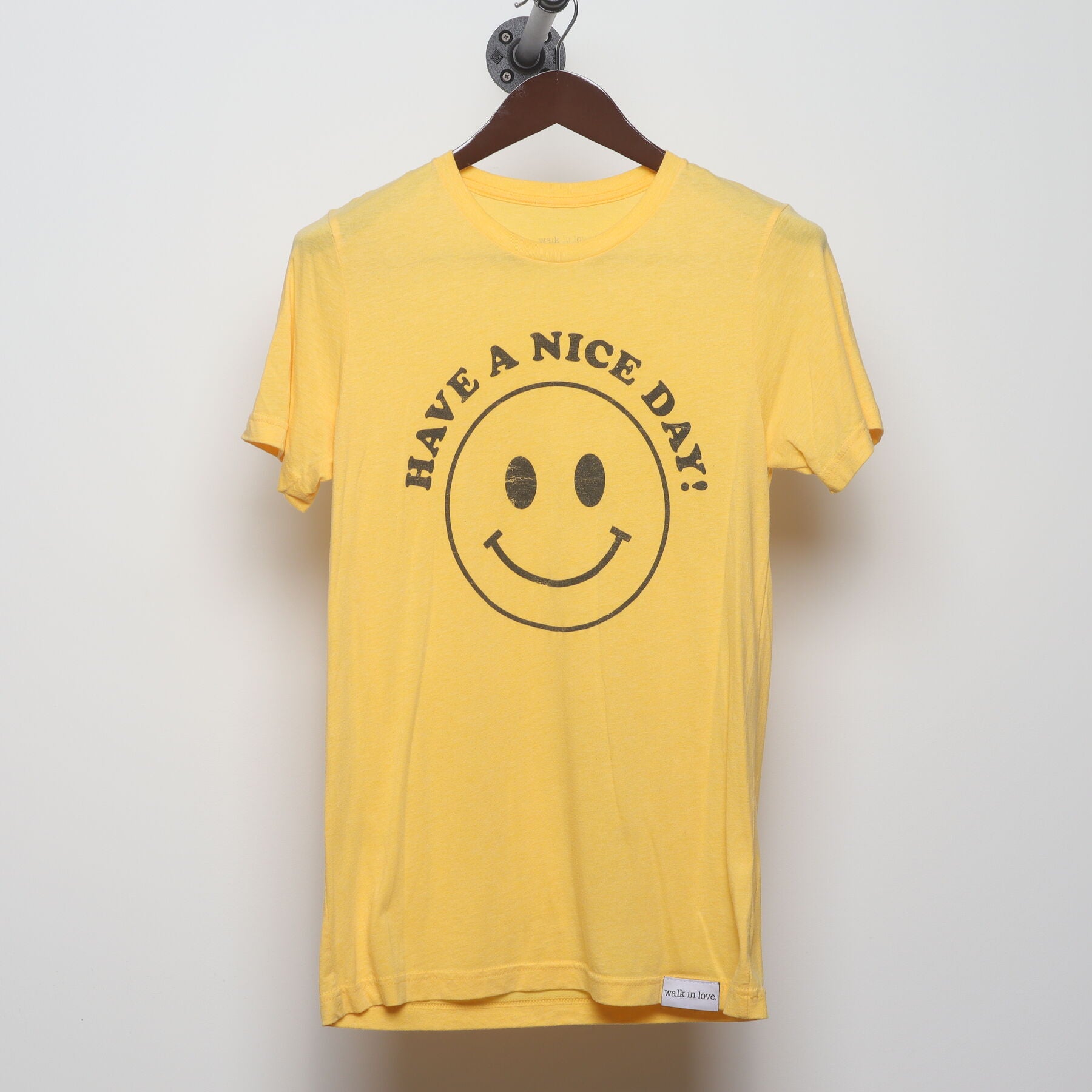 Front view of Vintage 1970s walk in love. "Have A Nice Day" Smiley Face T-Shirt - XS