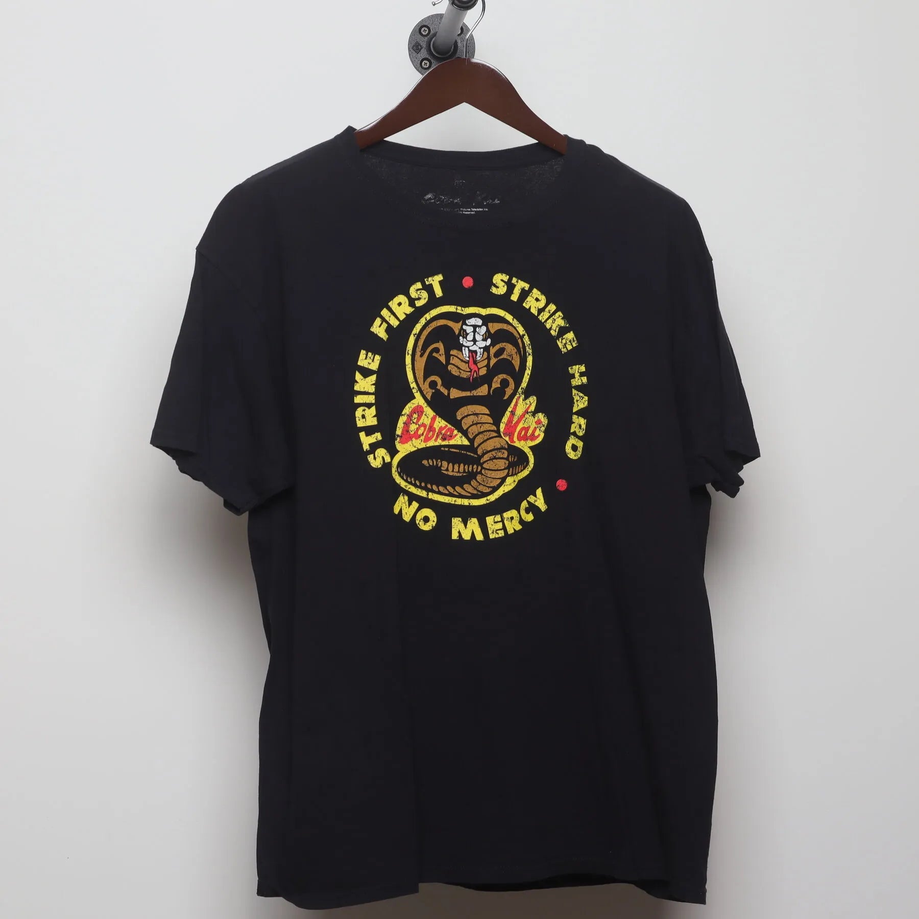 Front view of Vintage Y2K Cobra Kai "Strike First Strike Hard No Mercy" T-Shirt - L