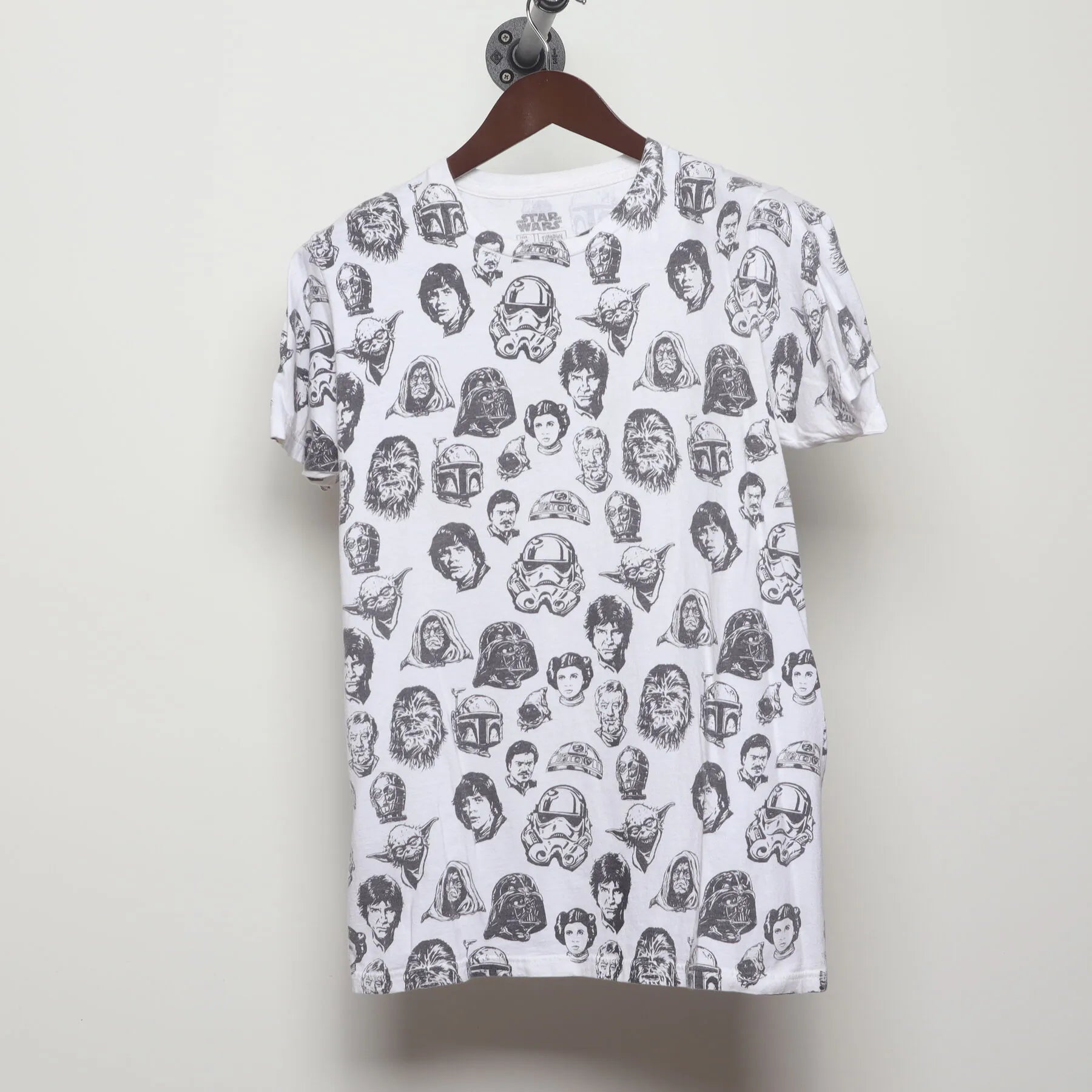 Front view of Vintage Y2K Star Wars "All Over Character Print" T-Shirt - S
