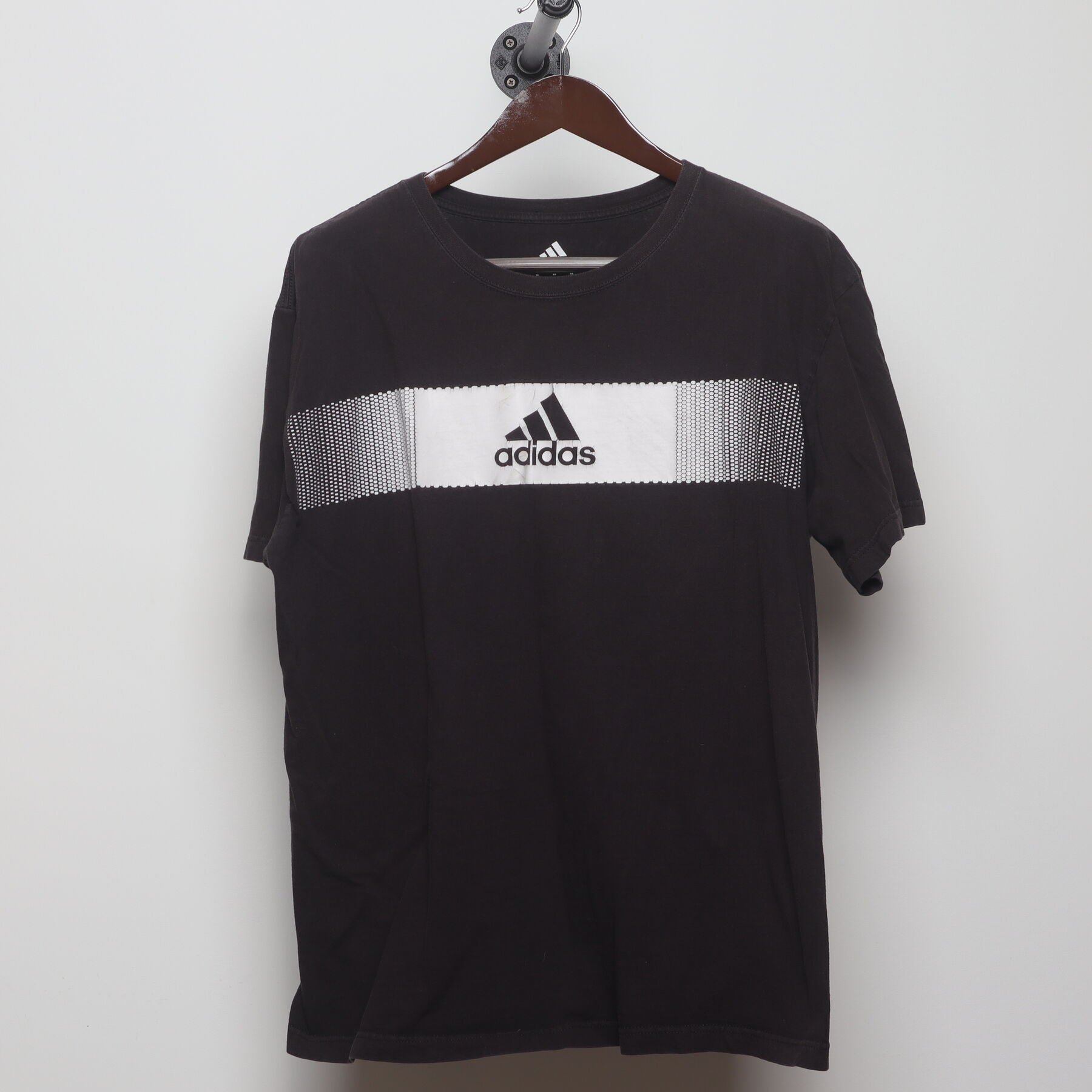 Front view of Vintage Y2K Adidas "Pixelated Bar Logo" T-Shirt - L