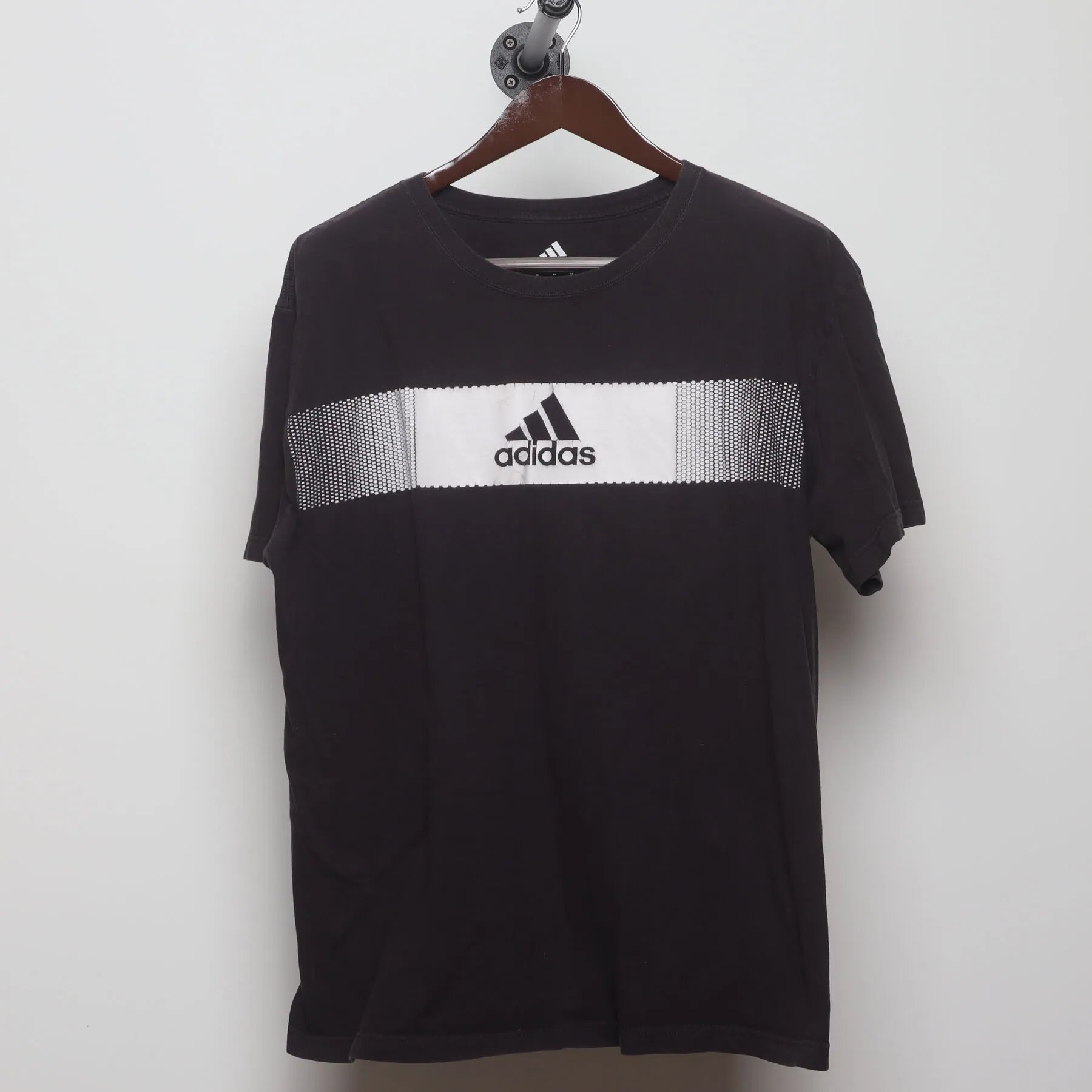 Front view of Vintage Y2K Adidas "Pixelated Bar Logo" T-Shirt - L