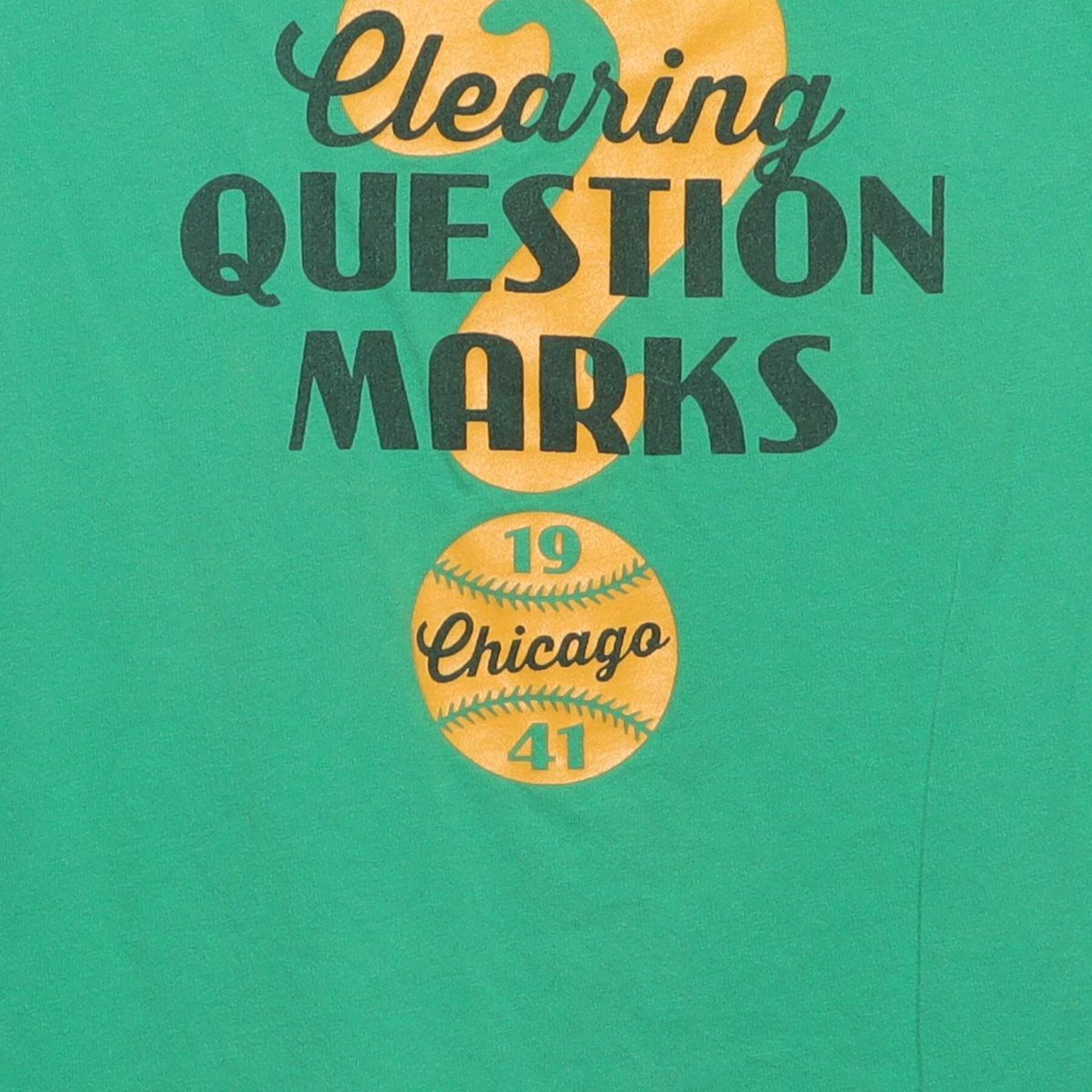 Close-up of the main graphic on the Vintage Y2K Ebbets Field Flannels "Clearing Question Marks" T-Shirt - M