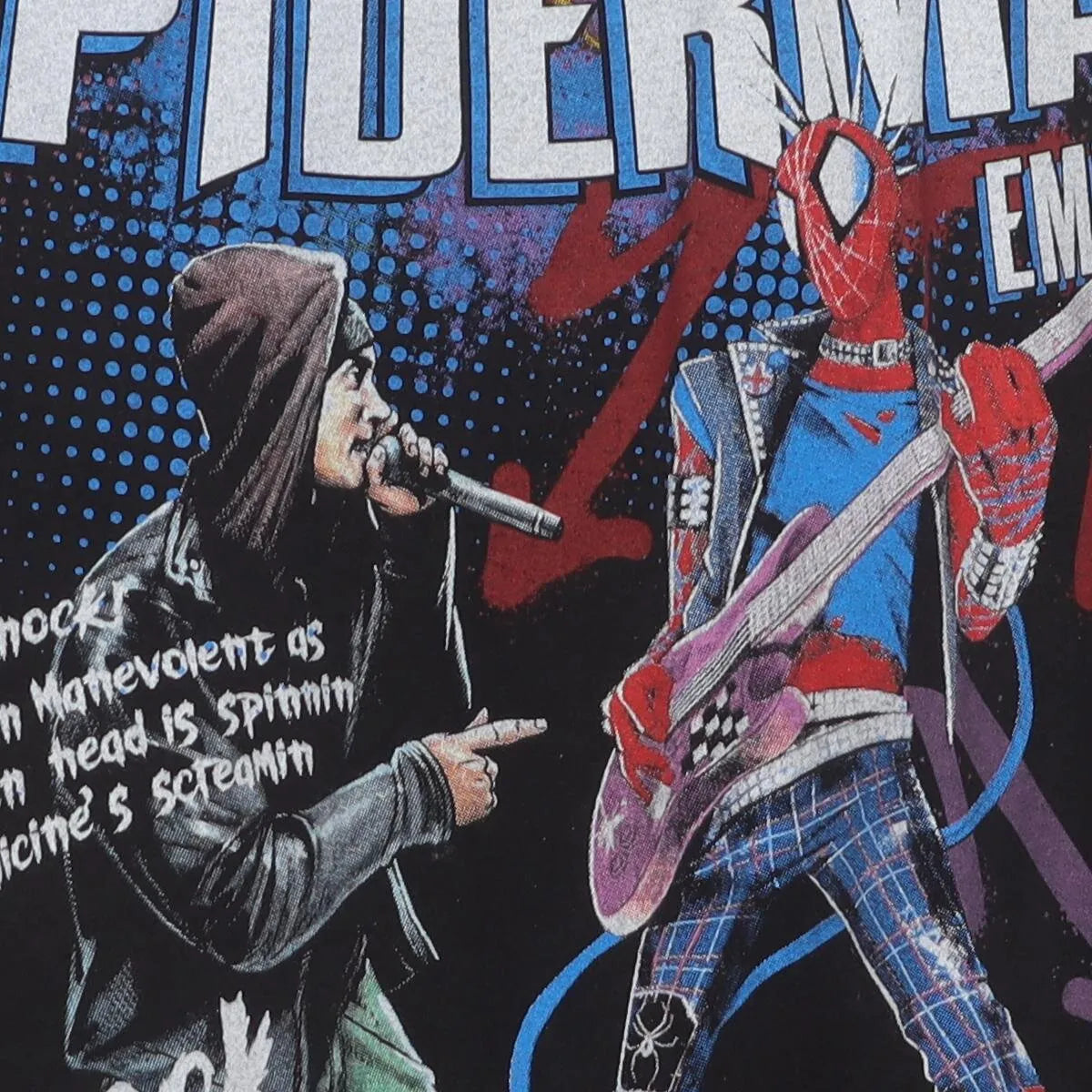 Close-up of the main graphic on the Vintage Y2K Eminem & Spider-Man "Marvel Comics Bootleg Rap Tee" T-Shirt - XL