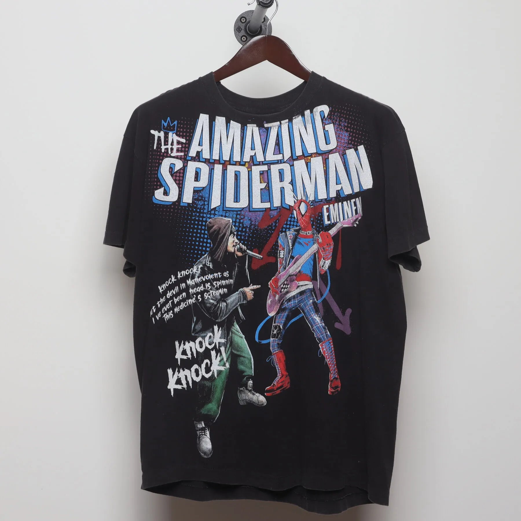 Front view of Vintage Y2K Eminem & Spider-Man "Marvel Comics Bootleg Rap Tee" T-Shirt - XL