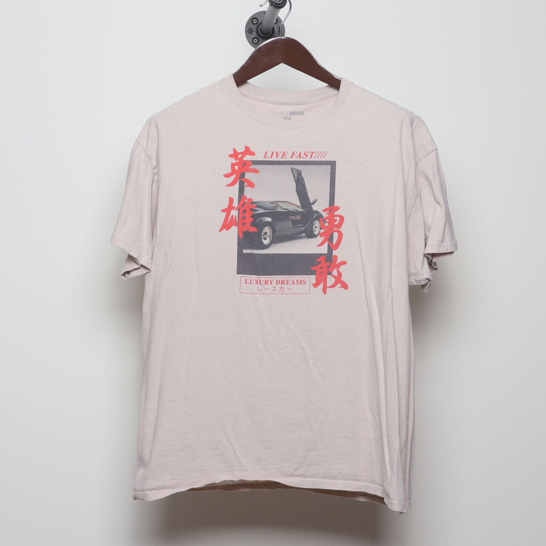 Front view of Vintage Y2K Fashion Nova "Live Fast Luxury Dreams" T-Shirt - L