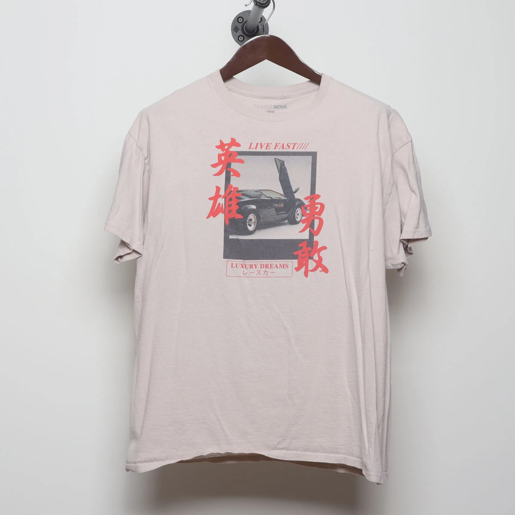 Front view of Vintage Y2K Fashion Nova "Live Fast Luxury Dreams" T-Shirt - L