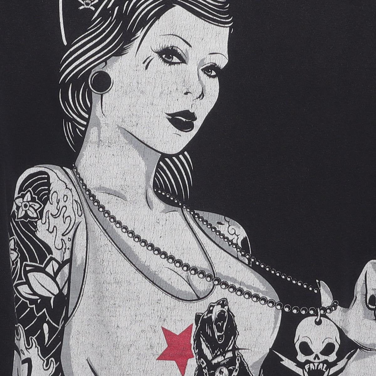 Close-up of the main graphic on the Vintage Y2K Fatal "Tattoo Pinup" T-Shirt - XL