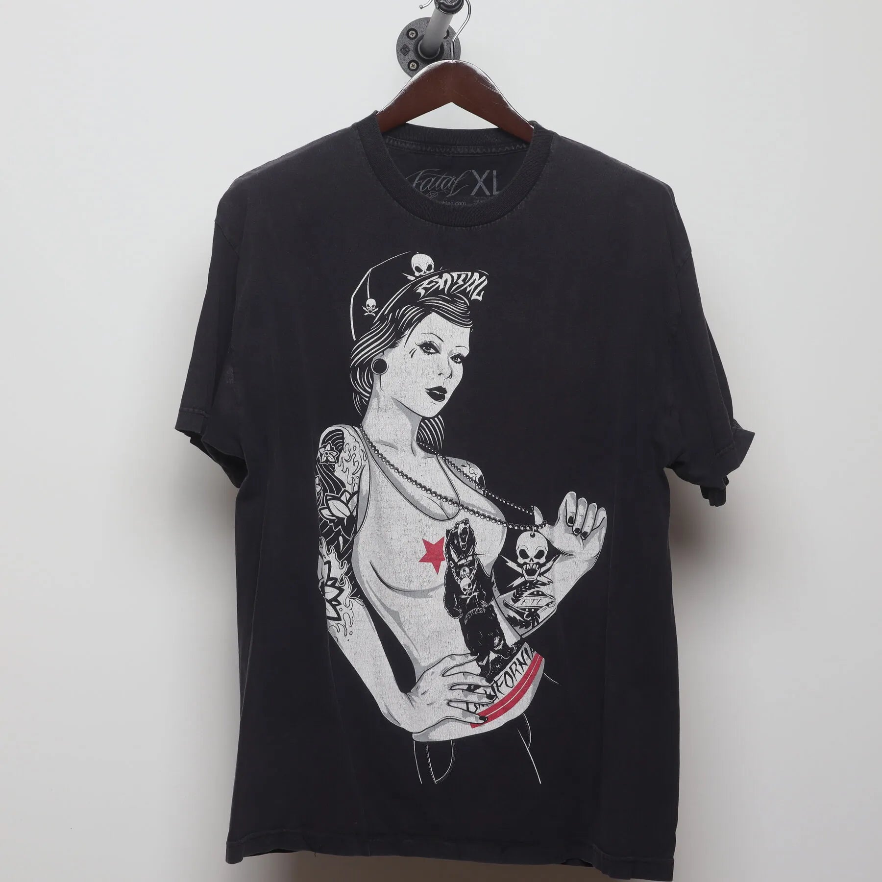 Front view of Vintage Y2K Fatal "Tattoo Pinup" T-Shirt - XL