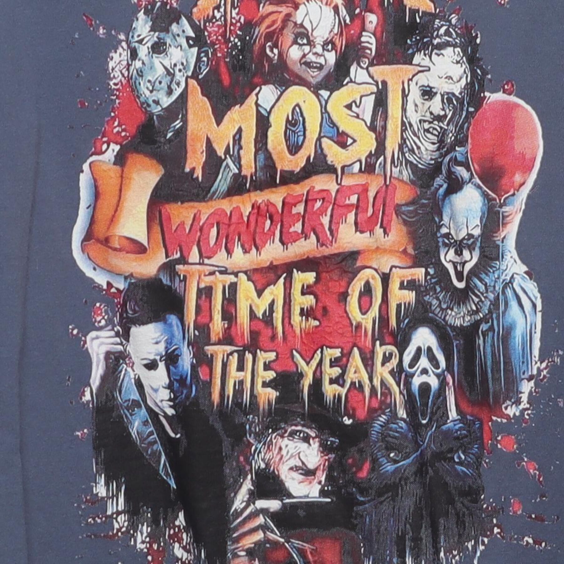 Close-up of the main graphic on the Vintage Y2K Horror Movie Villains "Most Wonderful Time Of The Year" T-Shirt - L