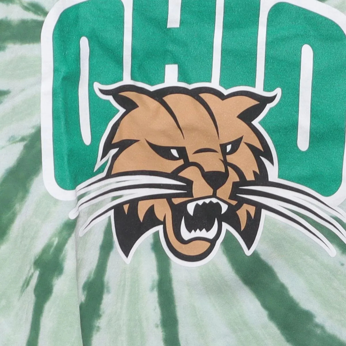 Close-up of the main graphic on the Vintage Y2K Ohio University "Bobcats Tie-Dye" T-Shirt - M