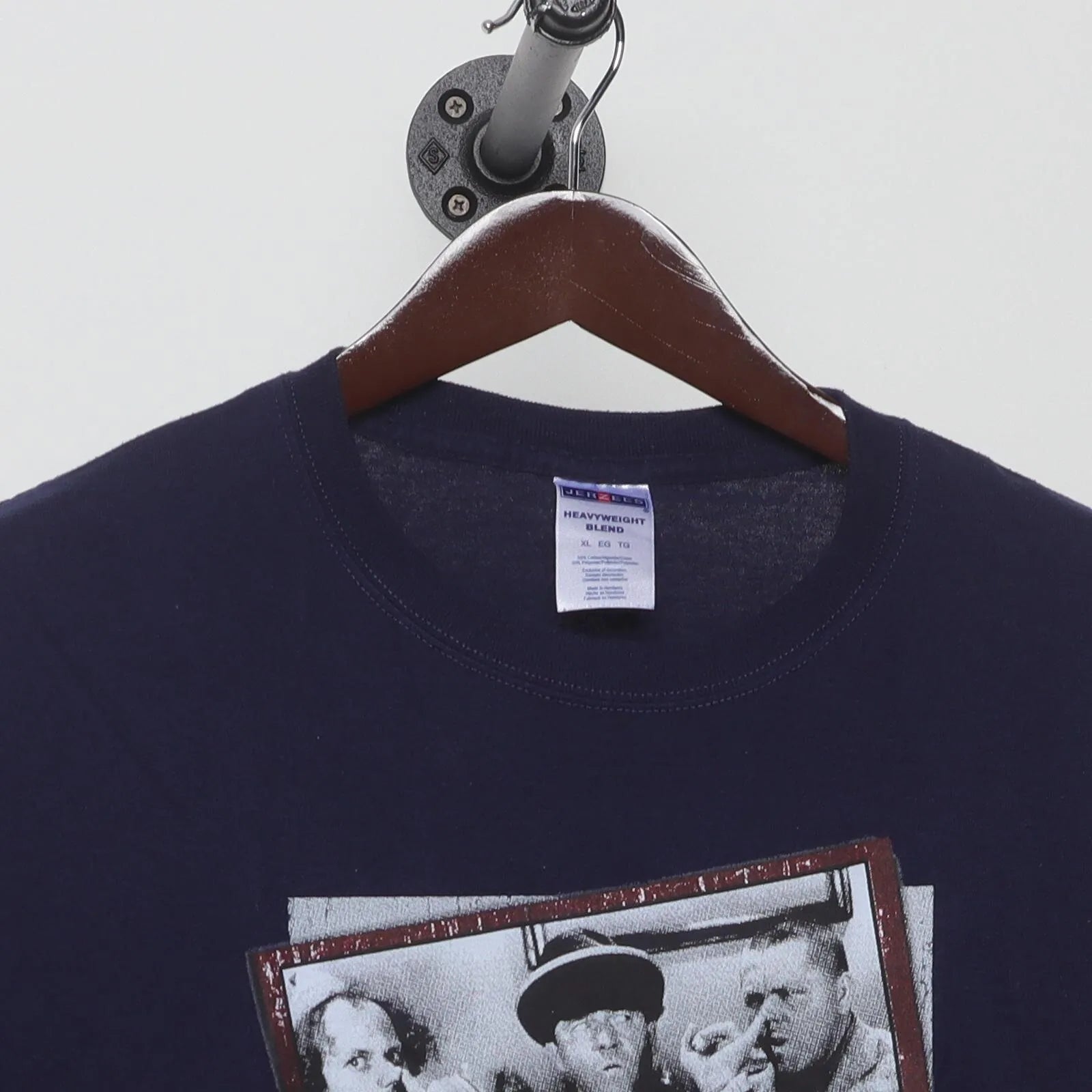 Close-up of the collar and tag on the Vintage Y2K The Three Stooges "Can't We All Just Get Along?" T-Shirt - L
