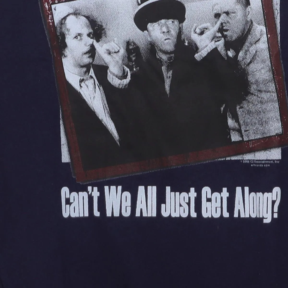 Close-up of the main graphic on the Vintage Y2K The Three Stooges "Can't We All Just Get Along?" T-Shirt - L