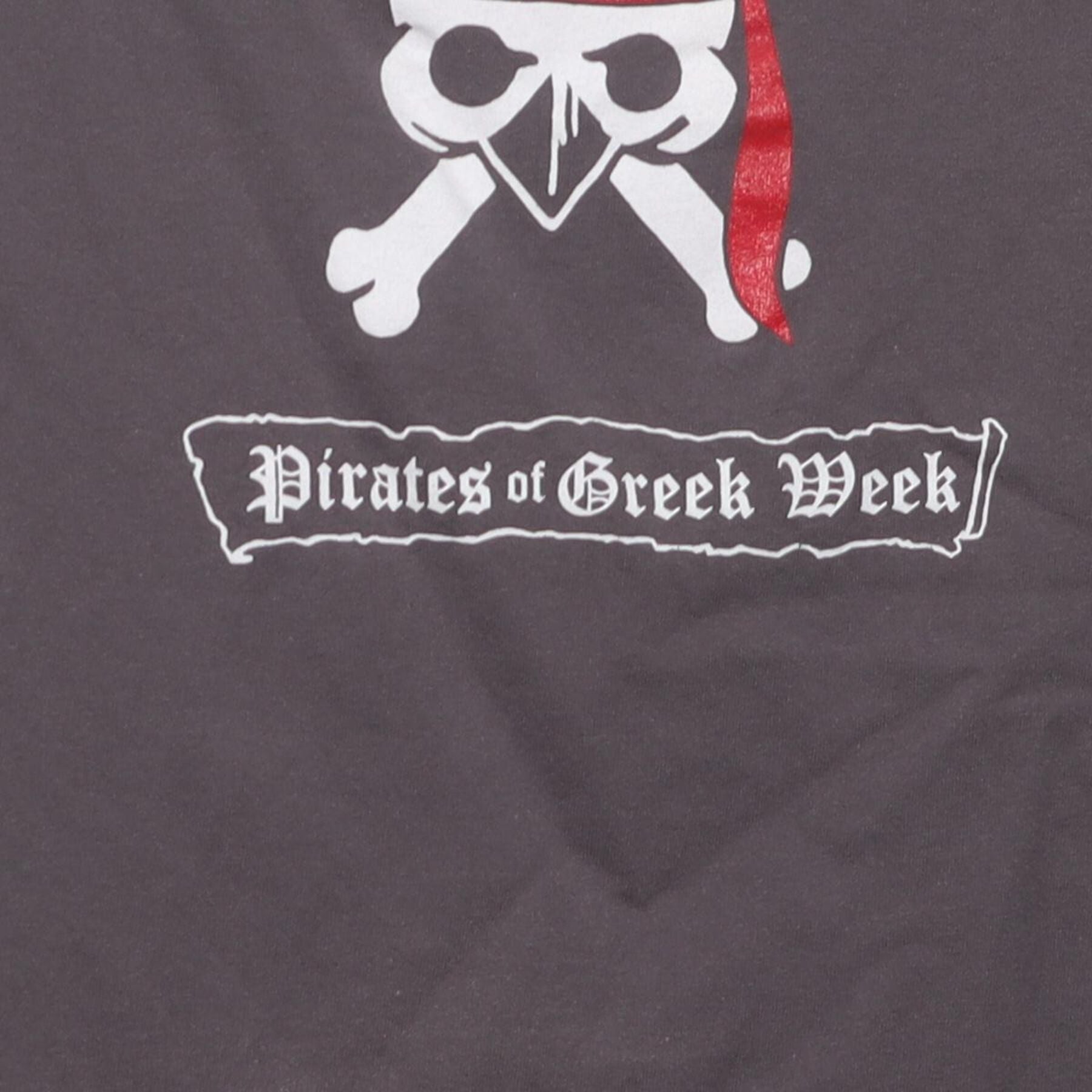 Close-up of the main graphic on the Vintage Y2K Sigma Alpha Tau "Pirates of Greek Week" T-Shirt - XS
